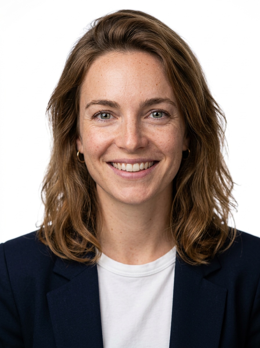Professional AI LinkedIn headshot in Open navy blazer over simple white tee (tech-casual) on White / Pure White Studio