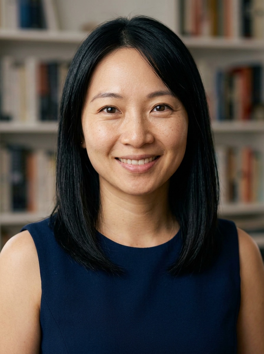 Professional AI LinkedIn headshot in Navy blue sleeveless dress on Bookshelf (thought-leader)