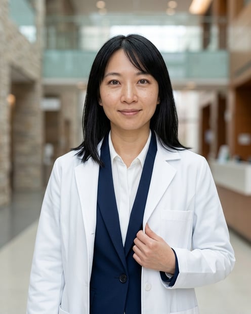 Premium Hospital Lobby · Medical Executive Suit with White Coat headshot example