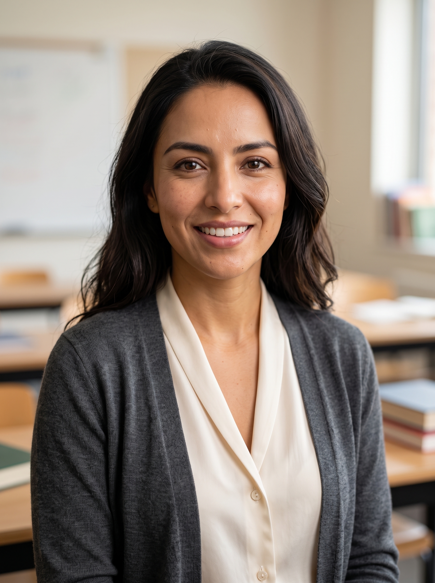 Classroom · Soft Blouse Cardigan headshot example