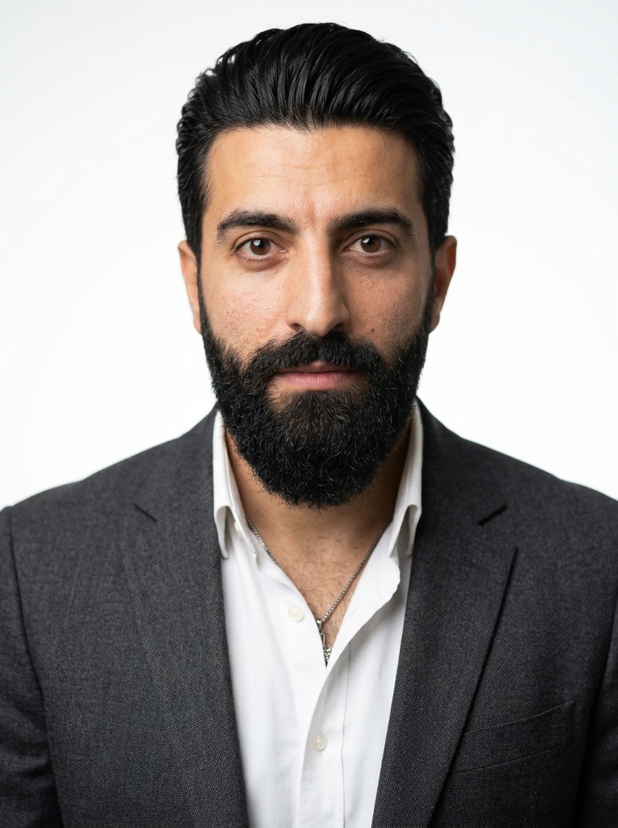 Professional AI LinkedIn headshot in Charcoal gray blazer on White / Pure White Studio