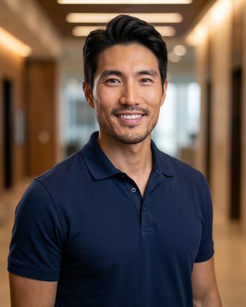 Lobby · Navy blue short-sleeve polo headshot example
