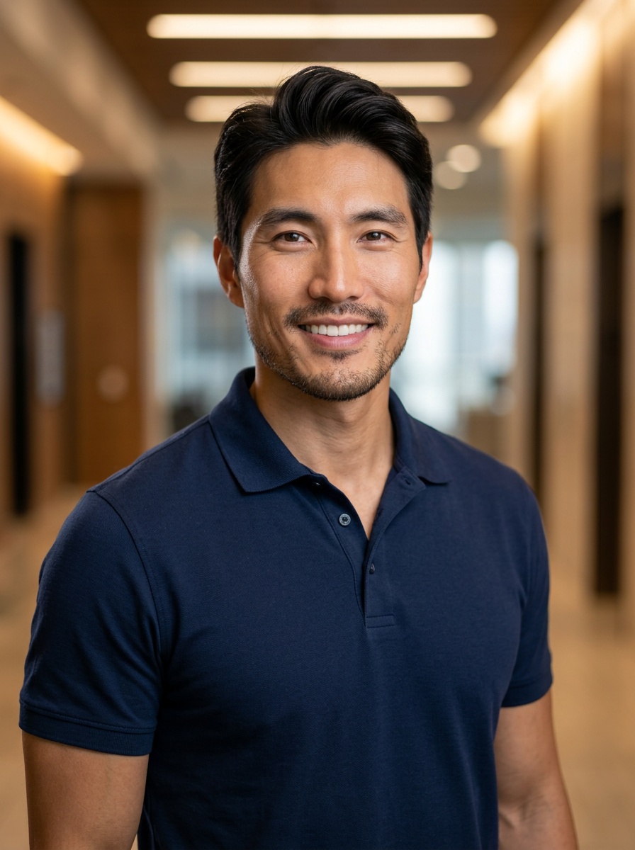 Professional AI LinkedIn headshot in Navy blue short-sleeve polo on Lobby (corporate lobby)