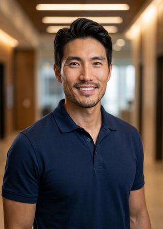 Professional AI LinkedIn headshot in Navy blue short-sleeve polo on Lobby (corporate lobby)