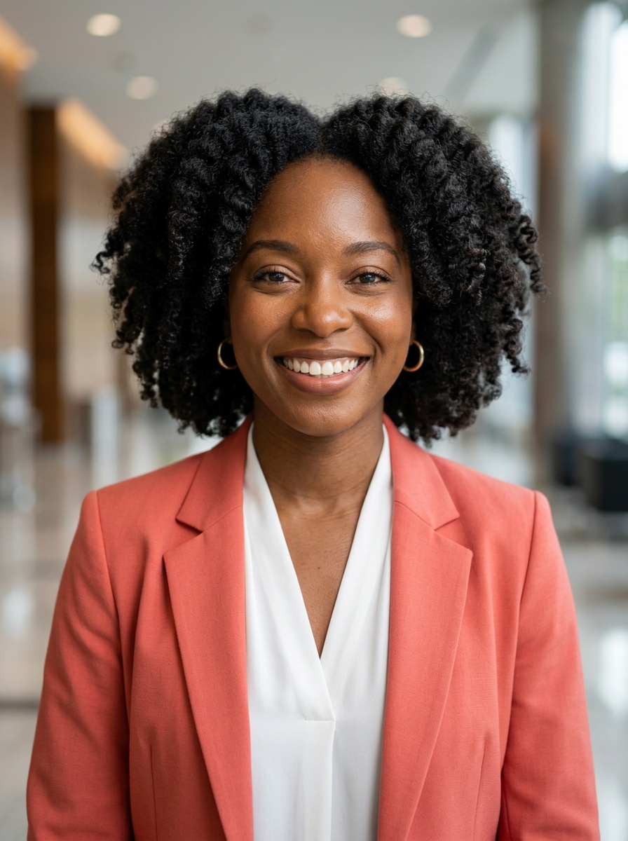 Professional AI LinkedIn headshot in Coral blazer over white blouse on Lobby (corporate lobby)