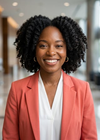 Professional AI LinkedIn headshot in Coral blazer over white blouse on Lobby (corporate lobby)