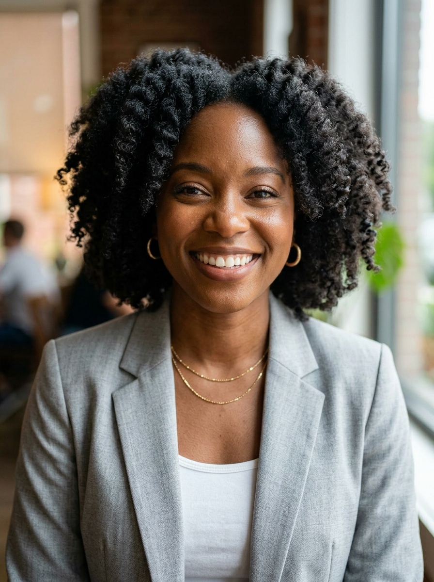 Professional AI LinkedIn headshot in Light gray blazer on Cafe (warm professional)