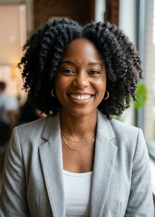 Professional AI LinkedIn headshot in Light gray blazer on Cafe (warm professional)