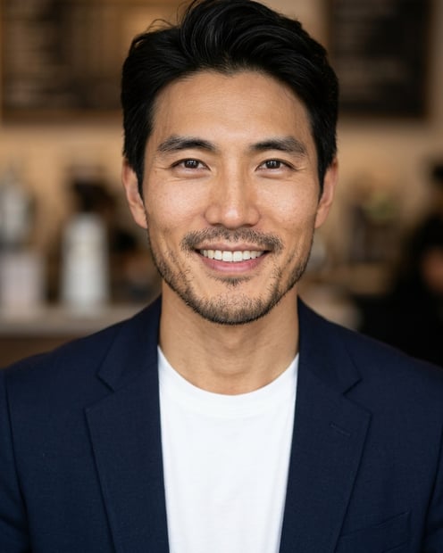 Cafe · Open navy blazer over simple white tee headshot example