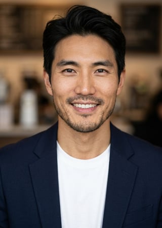 Professional AI LinkedIn headshot in Open navy blazer over simple white tee (tech-casual) on Cafe (warm professional)