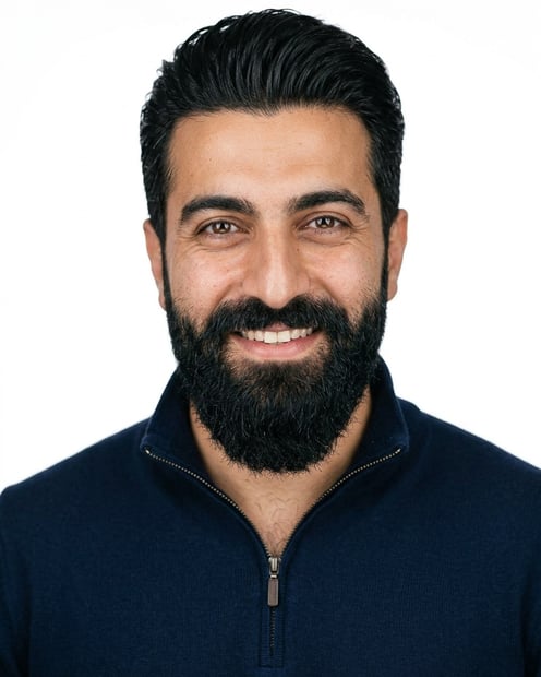 White / Pure White Studio · Navy quarter-zip pullover headshot example