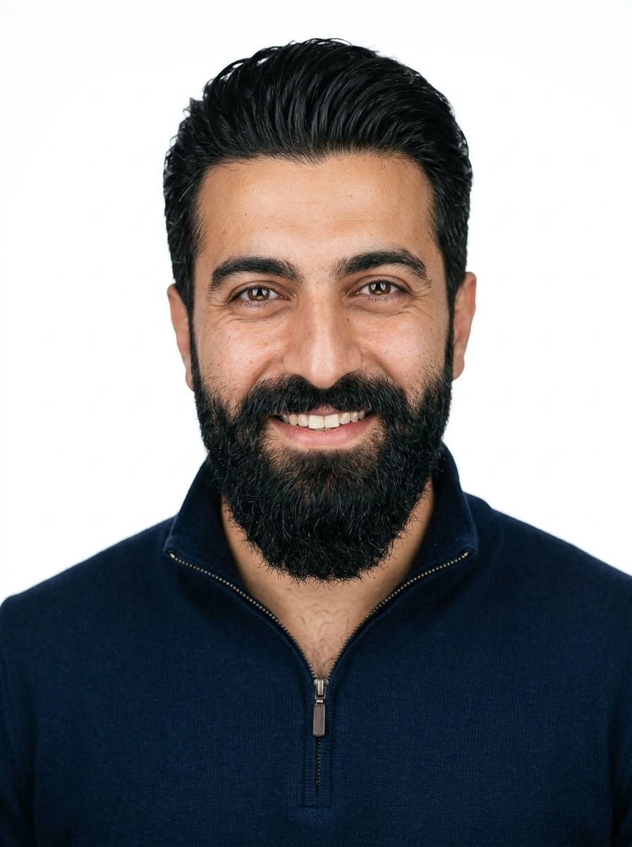 Professional AI LinkedIn headshot in Navy quarter-zip pullover on White / Pure White Studio