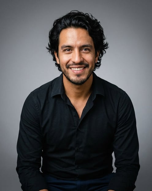 Neutral Mid-Grey Gradient Seamless · Black Button-Up with Dark Trousers headshot example