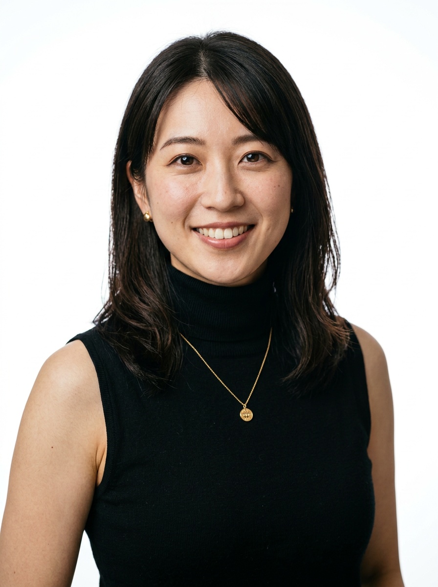 Professional AI LinkedIn headshot in Black sleeveless turtleneck on White / Pure White Studio