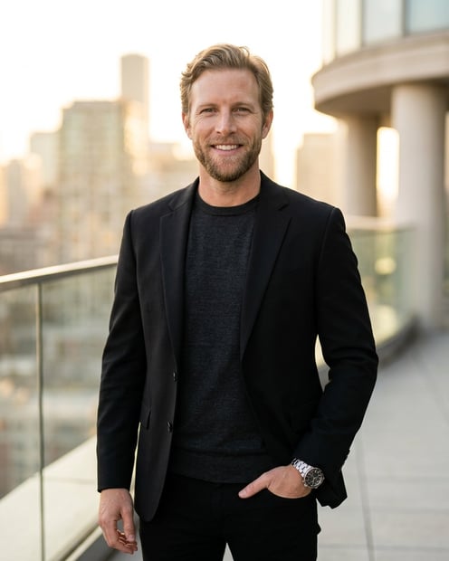 Rooftop Skyline · Black Blazer Tonal headshot example