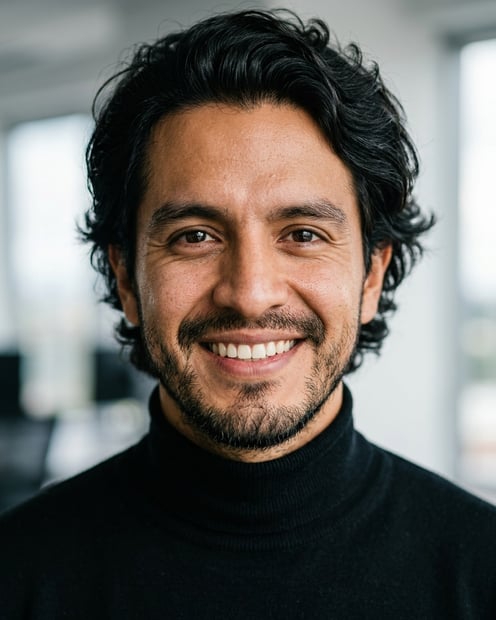Office / Modern Office Workspace · Fitted black turtleneck headshot example