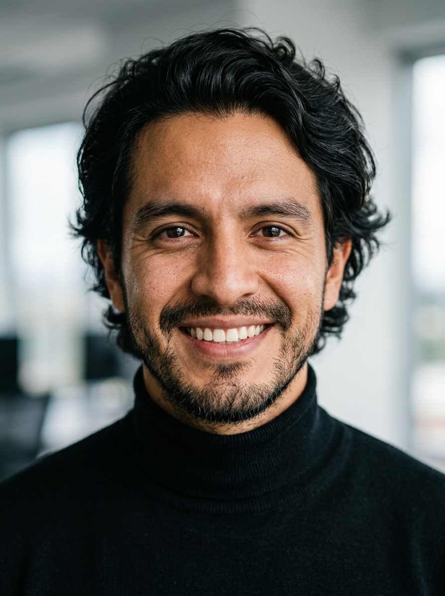 Professional AI LinkedIn headshot in Fitted black turtleneck on Office / Modern Office Workspace