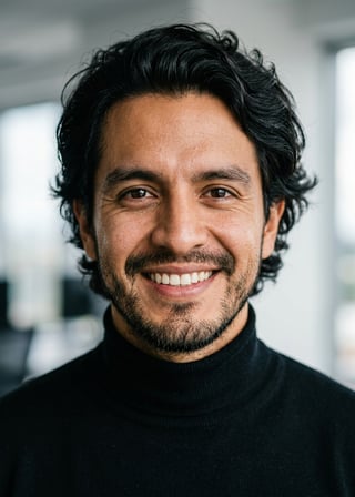 Professional AI LinkedIn headshot in Fitted black turtleneck on Office / Modern Office Workspace