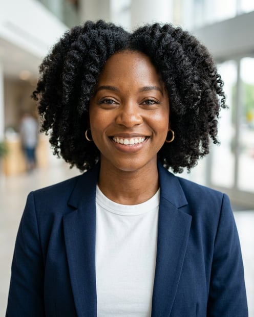 Lobby · Open navy blazer over simple white tee headshot example