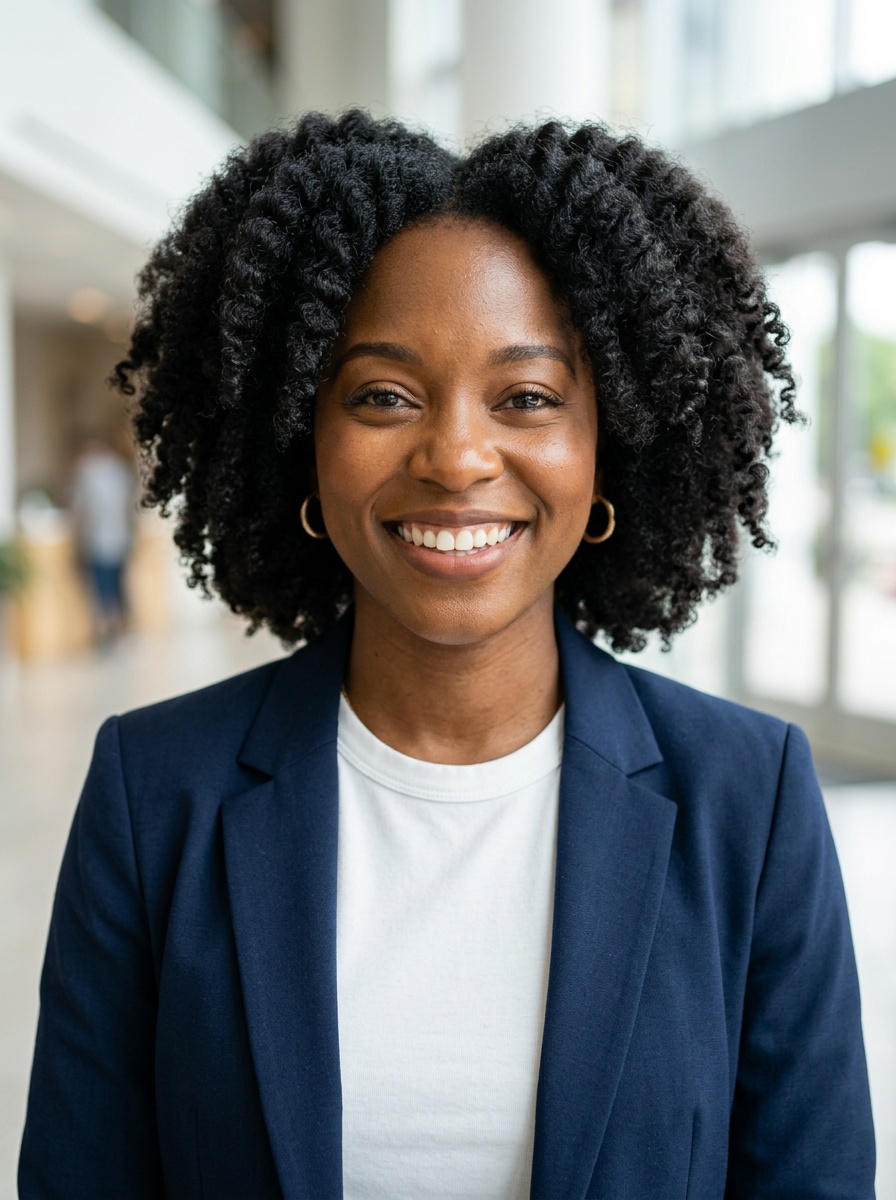 Professional AI LinkedIn headshot in Open navy blazer over simple white tee (tech-casual) on Lobby (corporate lobby)