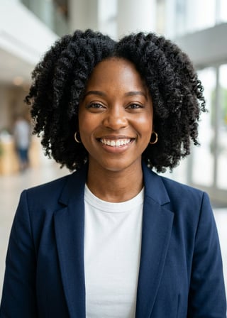 Professional AI LinkedIn headshot in Open navy blazer over simple white tee (tech-casual) on Lobby (corporate lobby)