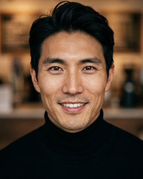 Cafe · Fitted black turtleneck headshot example