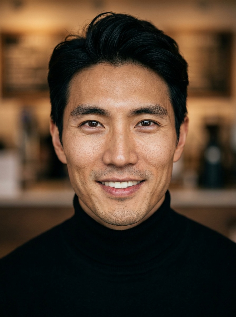 Professional AI LinkedIn headshot in Fitted black turtleneck on Cafe (warm professional)