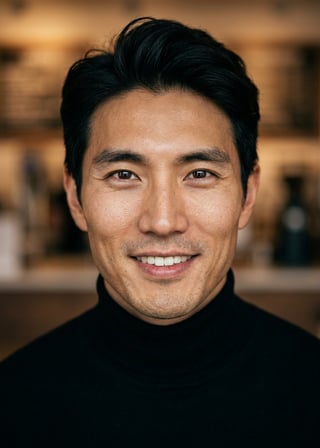 Professional AI LinkedIn headshot in Fitted black turtleneck on Cafe (warm professional)