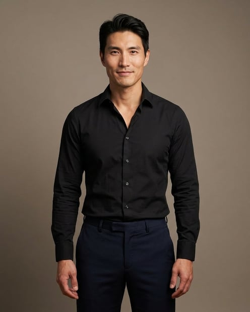 Warm Grey Studio Sweep · Black Button-Up with Dark Trousers headshot example