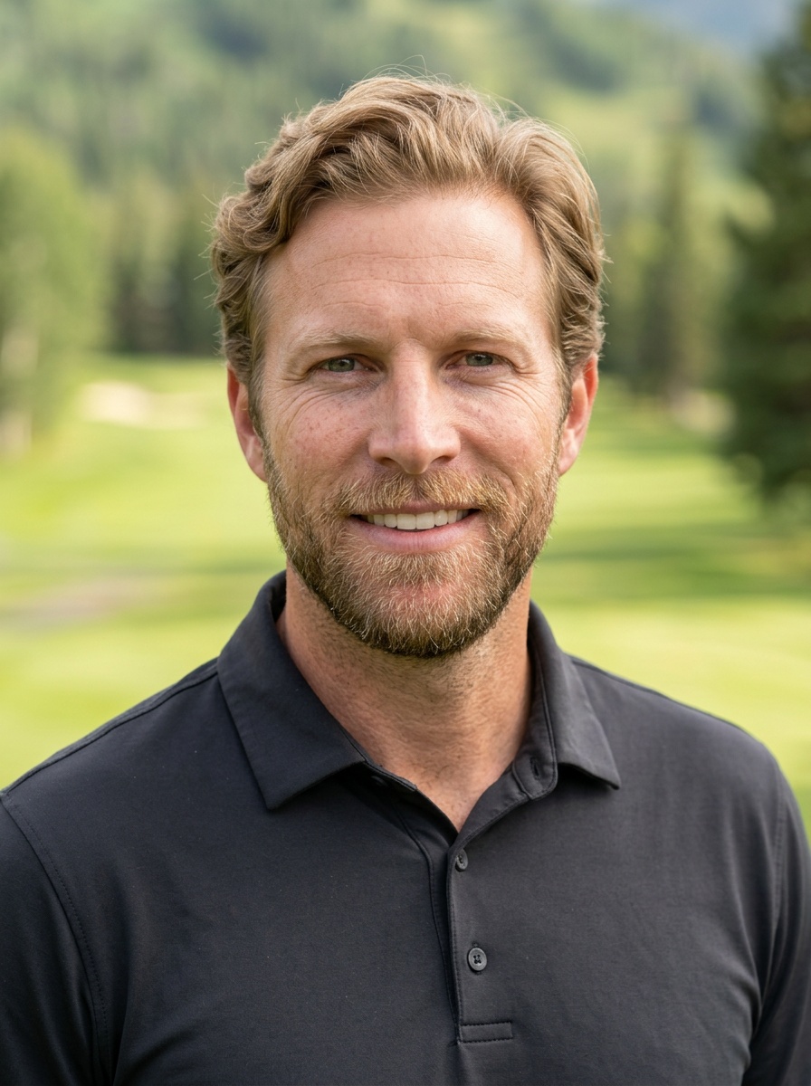Professional AI LinkedIn headshot in Golf Attire on High End Mountain Golf Course