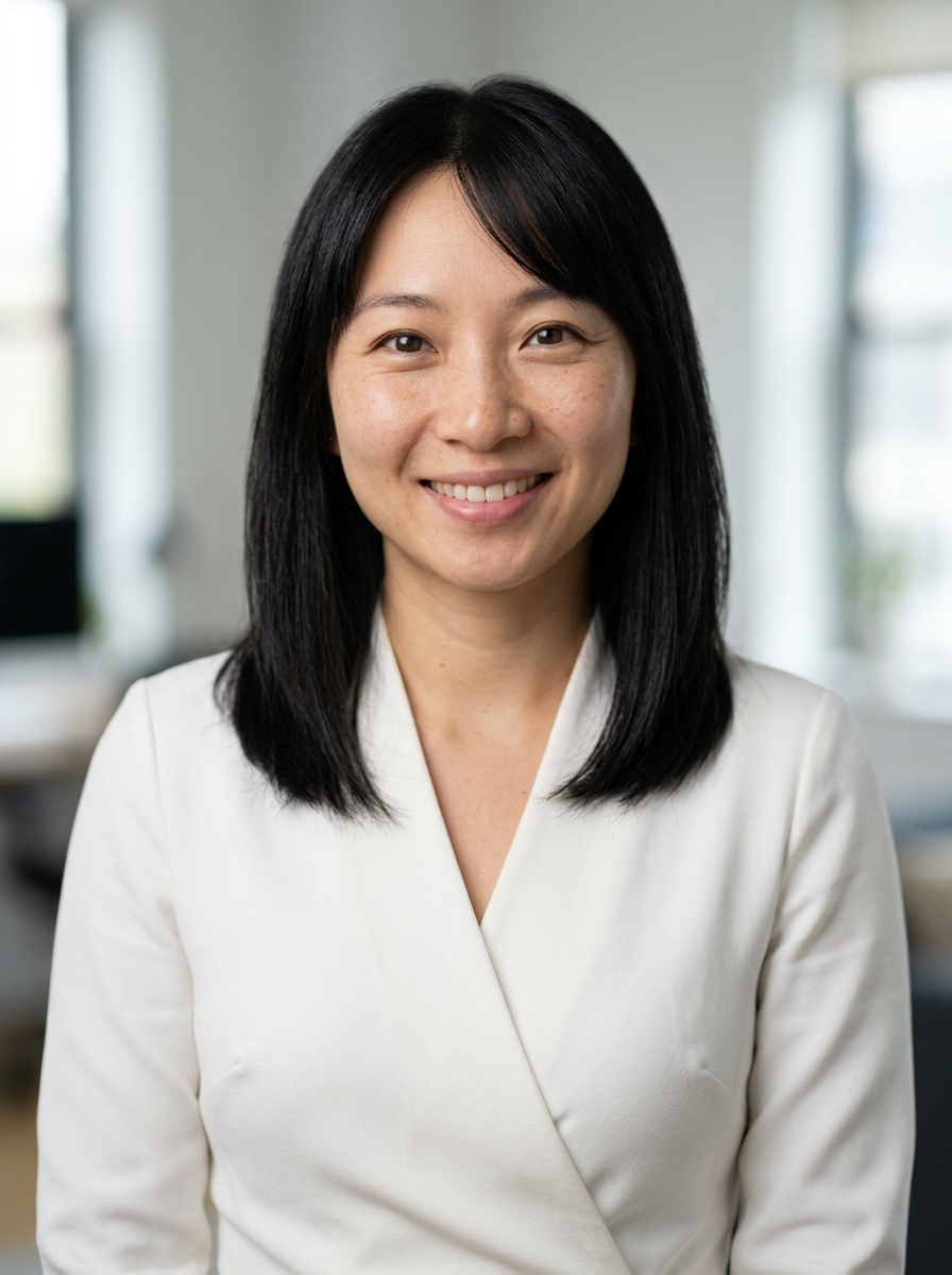 Professional AI LinkedIn headshot in White wrap dress on Office / Modern Office Workspace