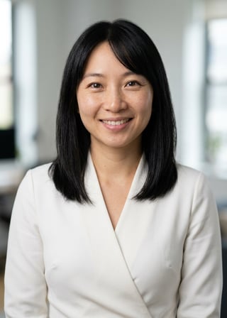 Professional AI LinkedIn headshot in White wrap dress on Office / Modern Office Workspace