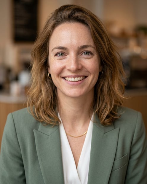 Cafe · Sage green blazer with white blouse headshot example