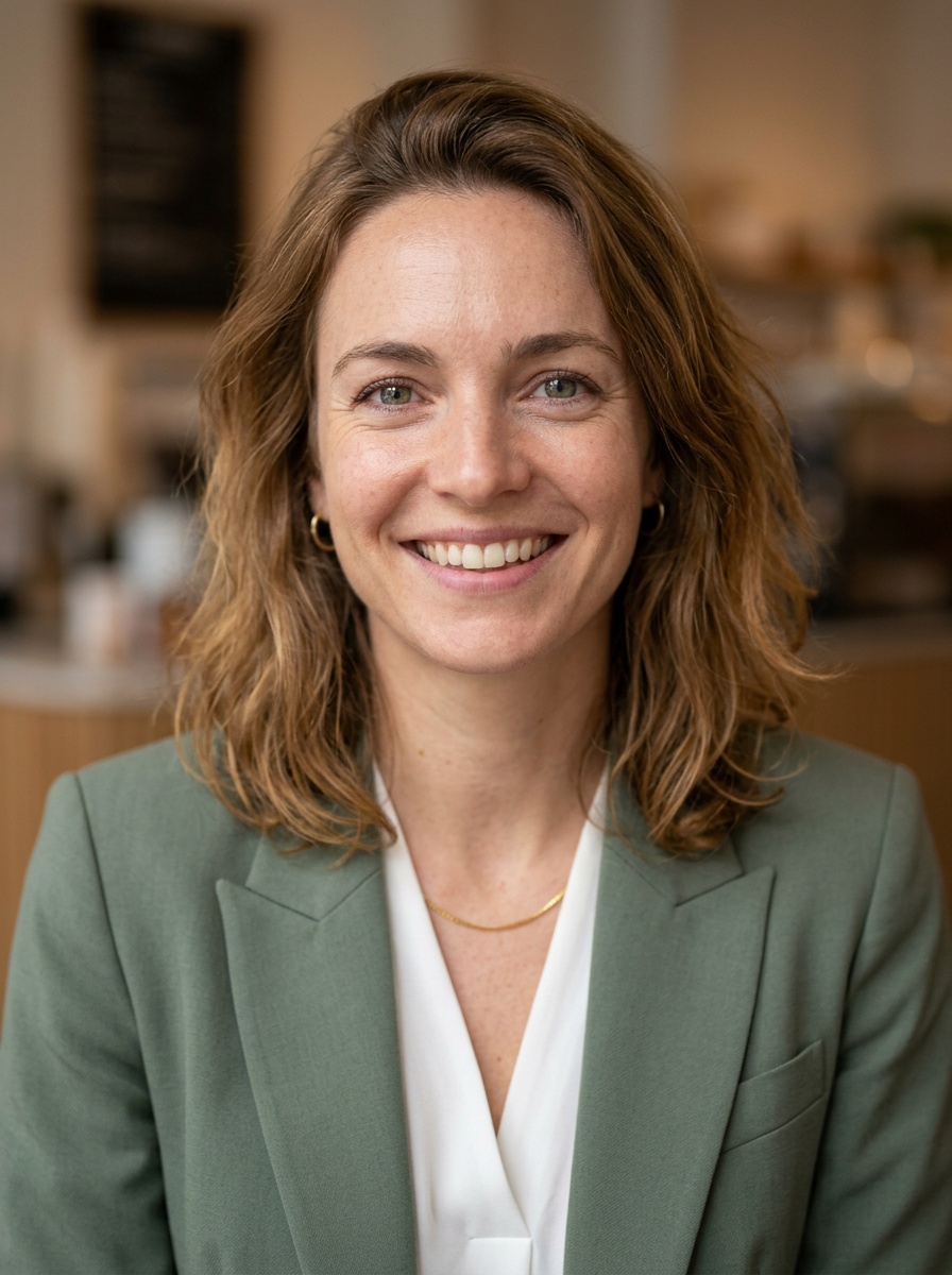 Professional AI LinkedIn headshot in Sage green blazer with white blouse (2026 trend) on Cafe (warm professional)