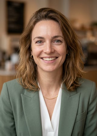 Professional AI LinkedIn headshot in Sage green blazer with white blouse (2026 trend) on Cafe (warm professional)