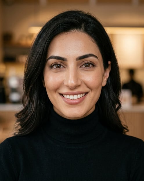 Cafe · Fitted black turtleneck headshot example