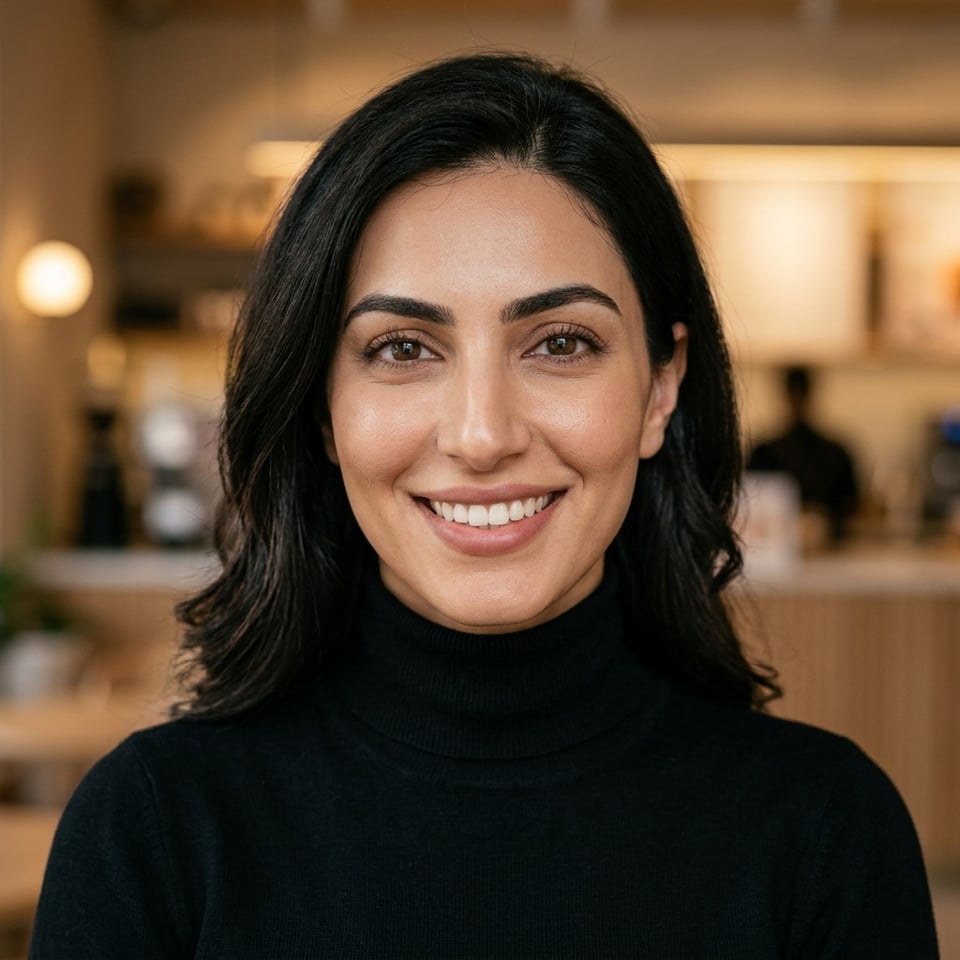 Professional AI LinkedIn headshot in Fitted black turtleneck on Cafe (warm professional)