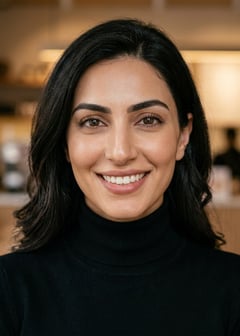 Professional AI LinkedIn headshot in Fitted black turtleneck on Cafe (warm professional)