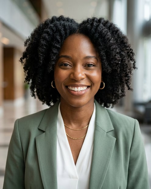 Lobby · Sage green blazer with white blouse headshot example