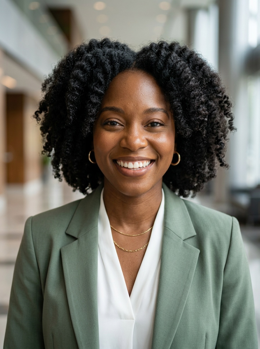 Professional AI LinkedIn headshot in Sage green blazer with white blouse (2026 trend) on Lobby (corporate lobby)