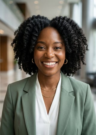 Professional AI LinkedIn headshot in Sage green blazer with white blouse (2026 trend) on Lobby (corporate lobby)