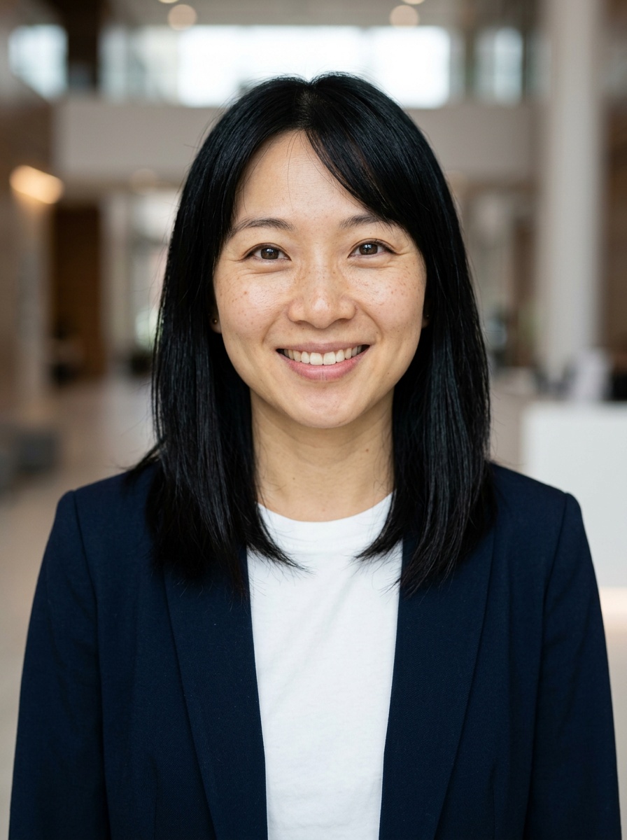 Professional AI LinkedIn headshot in Open navy blazer over simple white tee (tech-casual) on Lobby (corporate lobby)