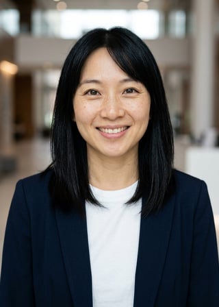 Professional AI LinkedIn headshot in Open navy blazer over simple white tee (tech-casual) on Lobby (corporate lobby)