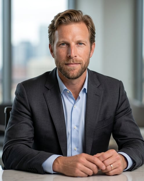 Private Agent Office Window · Charcoal Suit with Light Shirt headshot example