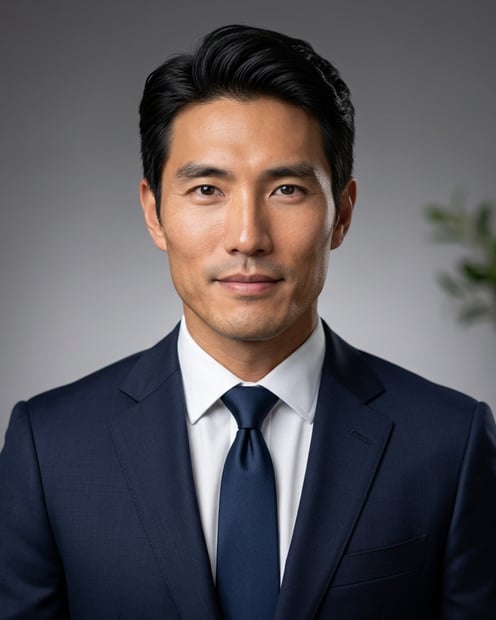 Light Grey Gradient Studio · Navy Suit with White Shirt headshot example