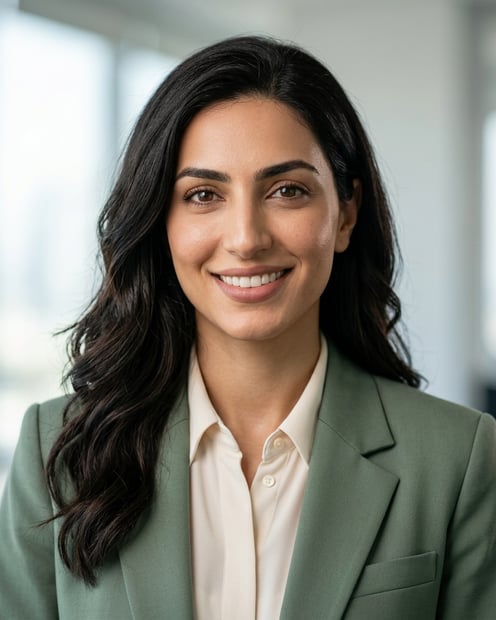 Office / Modern Office Workspace · Sage blazer and blouse headshot example