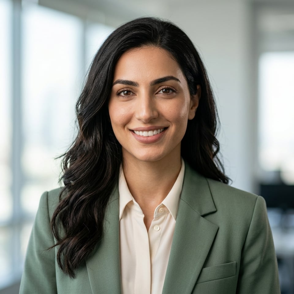 Professional AI LinkedIn headshot in Sage blazer and blouse on Office / Modern Office Workspace
