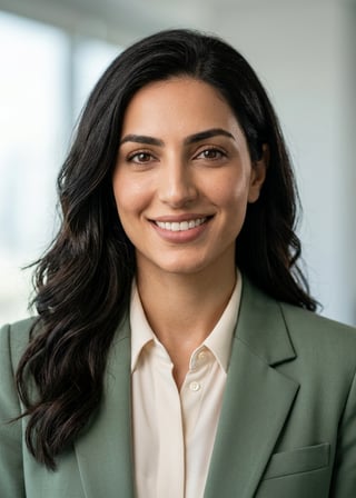 Professional AI LinkedIn headshot in Sage blazer and blouse on Office / Modern Office Workspace