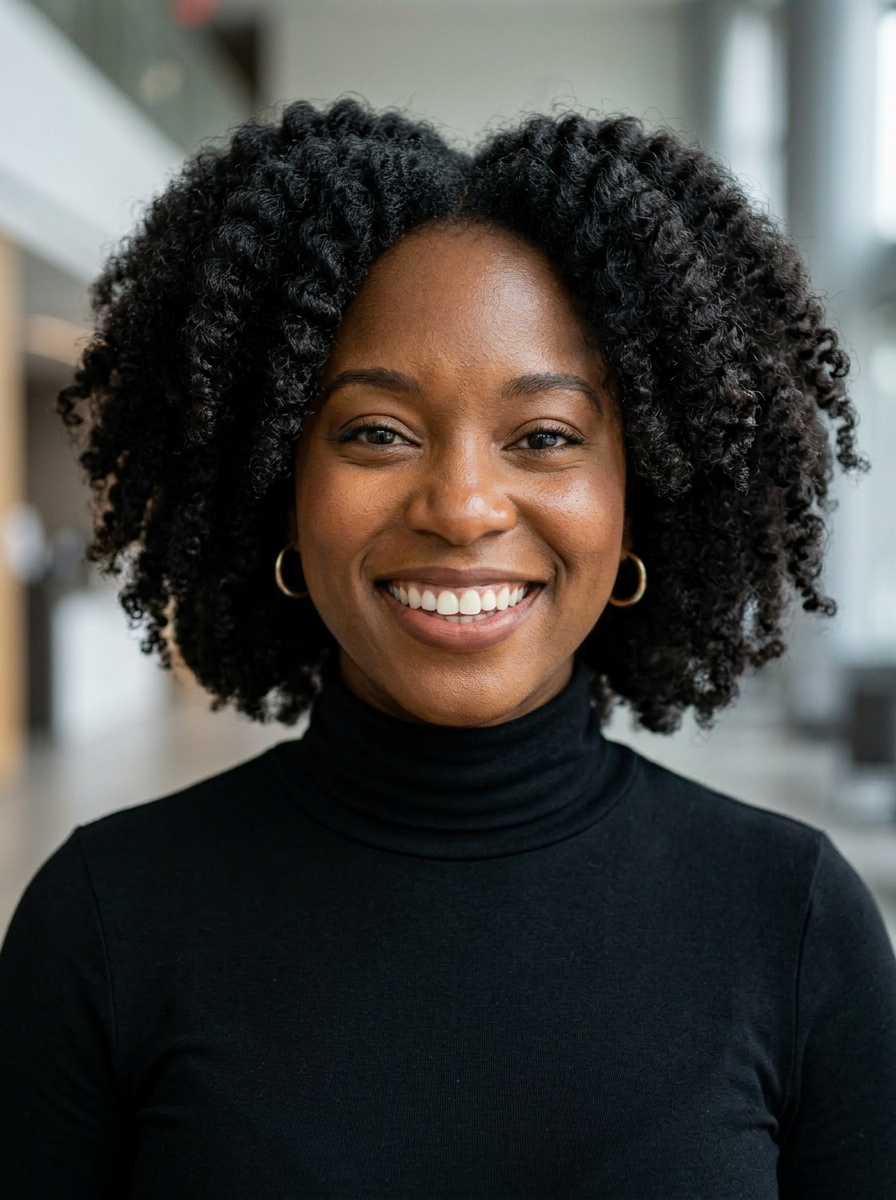 Professional AI LinkedIn headshot in Fitted black turtleneck on Lobby (corporate lobby)