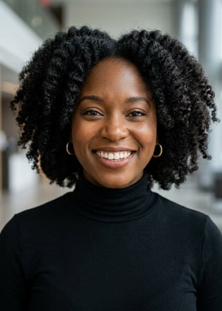 Professional AI LinkedIn headshot in Fitted black turtleneck on Lobby (corporate lobby)